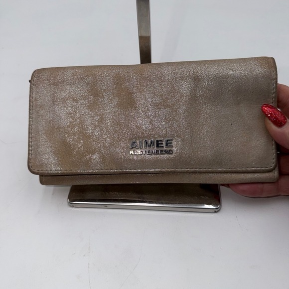 Aimee Kestenberg Metallic Taupe Leather Tri-Fold Wallet Clutch - Picture 2 of 11